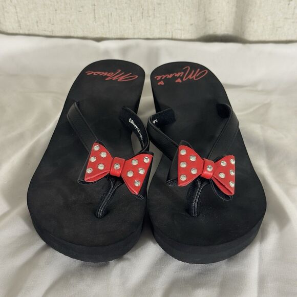 Disney Minnie Mouse Platform Flip Flops Sandals Women’s Size 8 Black Red Bow - Picture 2 of 11
